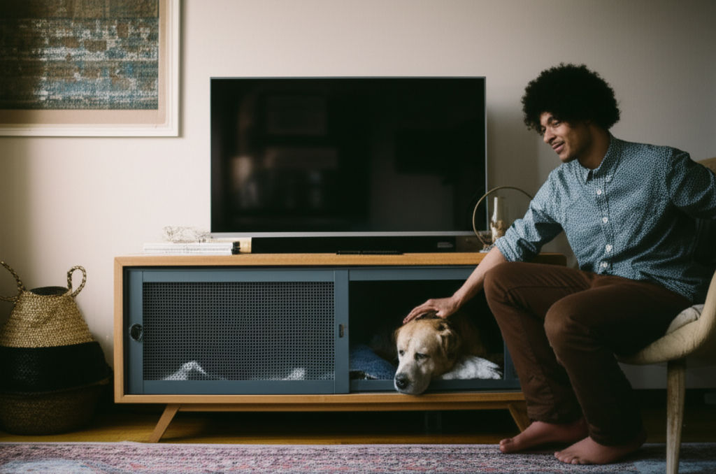 Tired of bulky crates? Discover dog crate TV stand combos! Stylish, space-saving furniture that blends pet comfort with your home's decor.